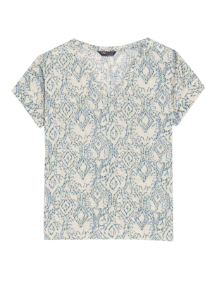 

M&S Collection Camiseta de lino estampada de escote en picoWomens - Multi, Multi