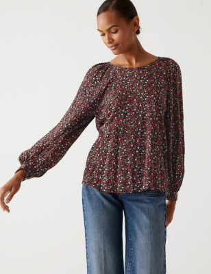 

Womens M&S Collection Printed Crew Neck Blouson Sleeve Blouse - Red Mix, Red Mix