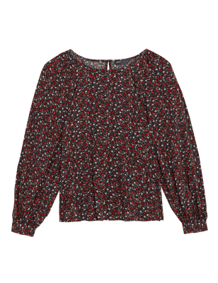

Womens M&S Collection Printed Crew Neck Blouson Sleeve Blouse - Red Mix, Red Mix