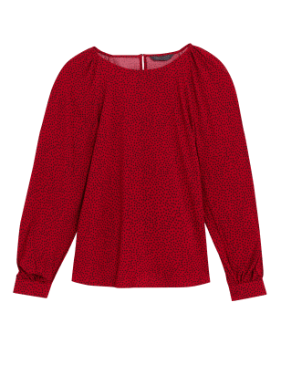 

Womens M&S Collection Gemusterte Bluse mit Blousonärmeln und Rundhalsausschnitt - Dark Red Mix, Dark Red Mix