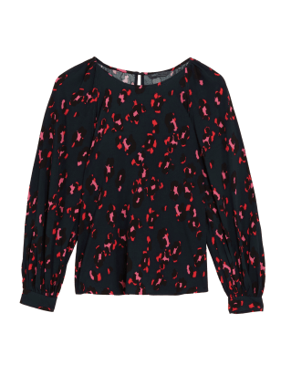 

Womens M&S Collection Printed Crew Neck Blouson Sleeve Blouse - Navy Mix, Navy Mix