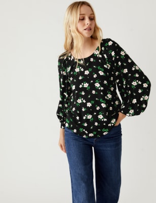 

Womens M&S Collection Gemusterte Bluse mit Blousonärmeln und Rundhalsausschnitt - Green Mix, Green Mix