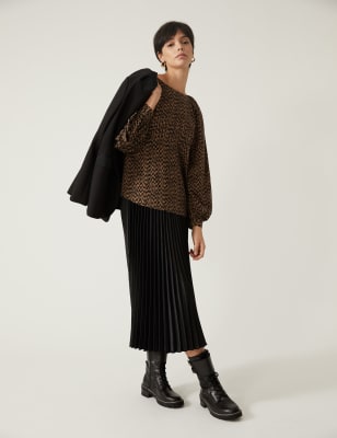 

Womens M&S Collection Gemusterte Bluse mit Blousonärmeln und Rundhalsausschnitt - Natural Mix, Natural Mix