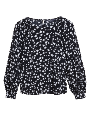

M&S Collection Blusa de manga estilo blusón con escote cerrado estampadaWomens - Black Mix, Black Mix