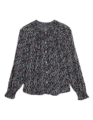 

M&S Collection Blusa de manga larga con cuello redondo y estampadoWomens - Black Mix, Black Mix