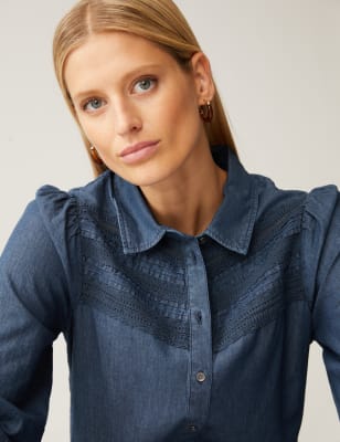 

Womens M&S Collection Denim Collared Pintuck Shirt, Denim