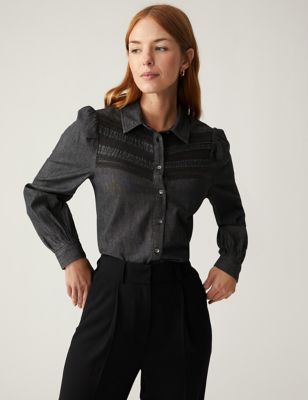

Womens M&S Collection Denim Collared Pintuck Shirt - Black, Black