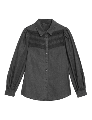 

M&S Collection Camisa denim con cuello y fruncidoWomens - Black, Black