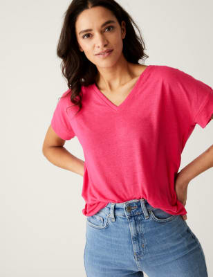 

Womens M&S Collection Linen Rich V-Neck T-Shirt - Fuchsia, Fuchsia