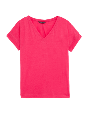 

Womens M&S Collection Linen Rich V-Neck T-Shirt - Fuchsia, Fuchsia