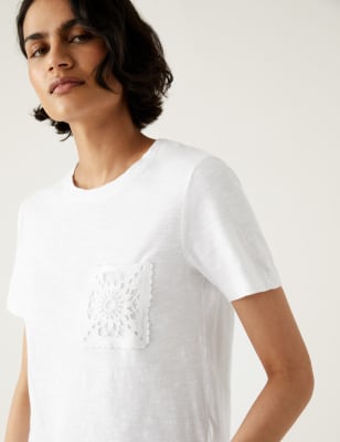 

M&S Collection Camiseta 100% algodón con bolsillo de encajeWomens - Soft White, Soft White