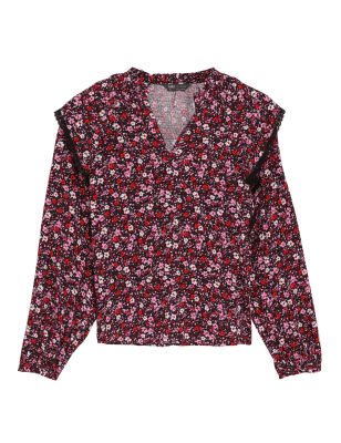

M&S Collection Blusa de manga larga de escote en pico con volante estampadaWomens - Pink Mix, Pink Mix