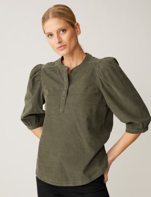 

Womens M&S Collection Corduroy Puff Sleeve Popover Blouse - Hunter Green, Hunter Green