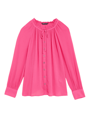 

Womens M&S Collection Langarmbluse mit Bindekragen und Rüschen - Medium Pink, Medium Pink