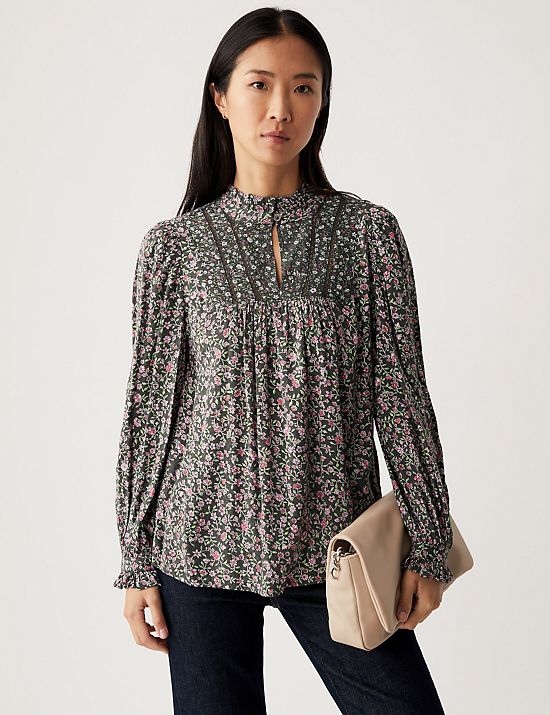 Floral Frill Neck Long Sleeve Blouse