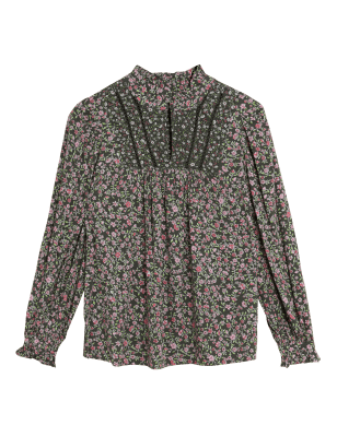 

Womens M&S Collection Floral Frill Neck Long Sleeve Blouse - Green Mix, Green Mix