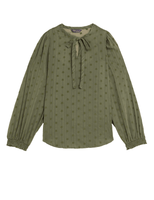 Womens M&S Collection Sheer Textured Star Print Tie Neck Blouse - Khaki