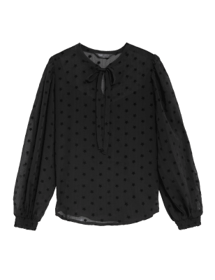 

Womens M&S Collection Sheer Textured Star Print Tie Neck Blouse - Black, Black