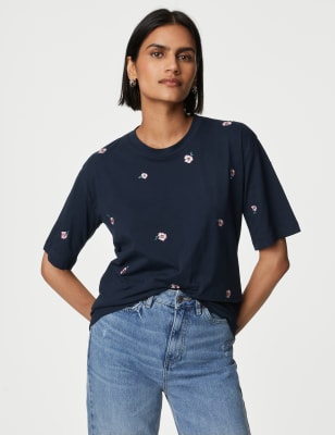 

M&S Collection Camiseta 100% algodón con bordadoWomens - Navy Mix, Navy Mix