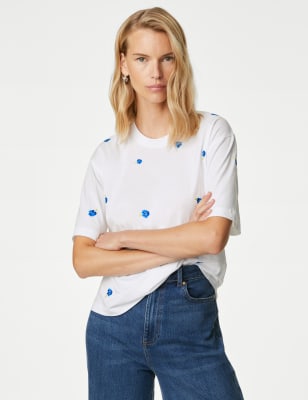 

Womens M&S Collection Pure Cotton Embroidered T-Shirt - White Mix, White Mix