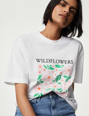 

Womens M&S Collection Bedrucktes T-Shirt aus reiner Baumwolle - White Mix, White Mix