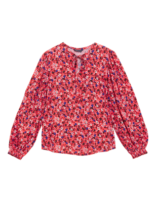 

Womens M&S Collection Floral Tie Neck Blouson Sleeve Blouse - Red Mix, Red Mix