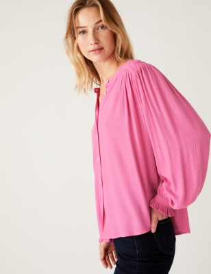 

M&S Collection Blusa con detalle de volante con cuello redondo y bordadoWomens - Pink, Pink