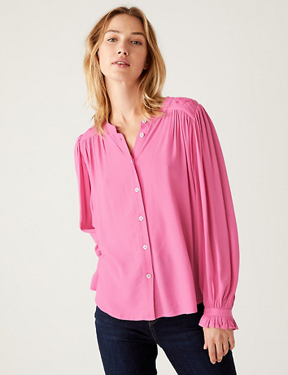 Embroidered Round Neck Frill Detail Blouse