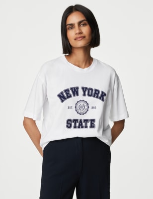 

Womens M&S Collection T-Shirt aus reiner Baumwolle mit Schriftzug - White Mix, White Mix