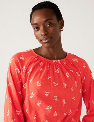 

Womens M&S Collection Bedrucktes Oberteil aus reiner Baumwolle mit Rundhalsausschnitt - Red Mix, Red Mix