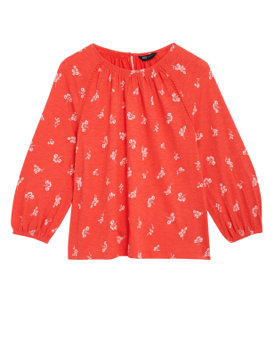 

Womens M&S Collection Pure Cotton Printed Crew Neck Top - Red Mix, Red Mix