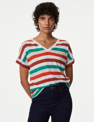 Linen Rich Striped V-Neck T-Shirt