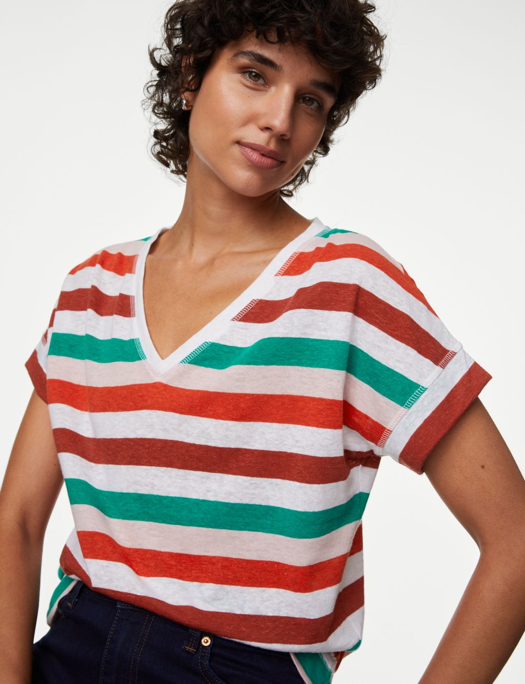 Linen Rich Striped V-Neck T-Shirt image 4