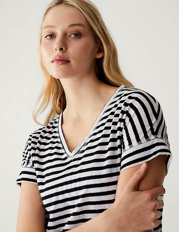 Linen Rich Striped V-Neck T-Shirt - JE