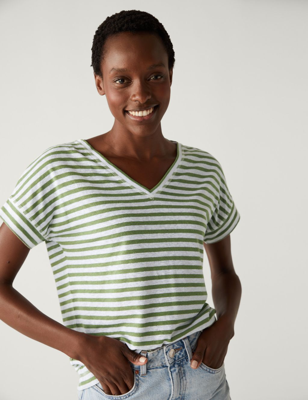 Linen Rich Striped V-Neck T-Shirt image 2