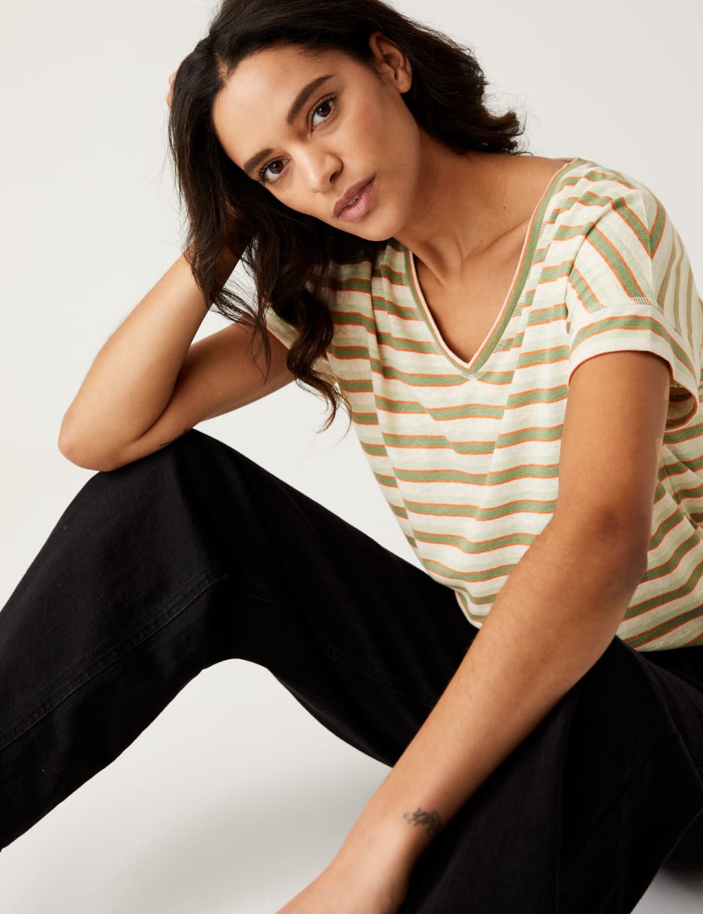 Linen Rich Striped V-Neck T-Shirt image 1