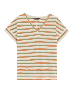 

Womens M&S Collection Linen Rich Striped V-Neck T-Shirt - Multi, Multi