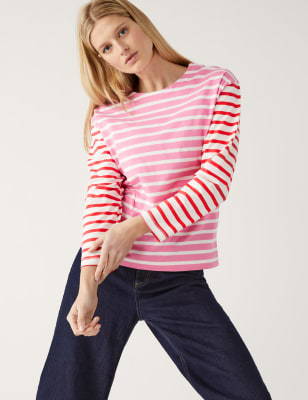 

Womens M&S Collection Pure Cotton Striped Crew Neck Top - Pink Mix, Pink Mix