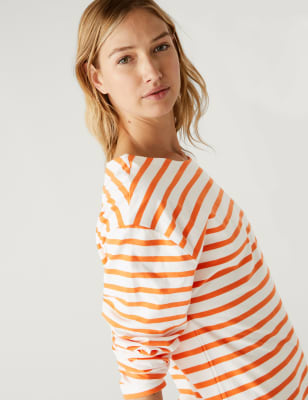 

Womens M&S Collection Pure Cotton Striped Crew Neck Top - Orange Mix, Orange Mix