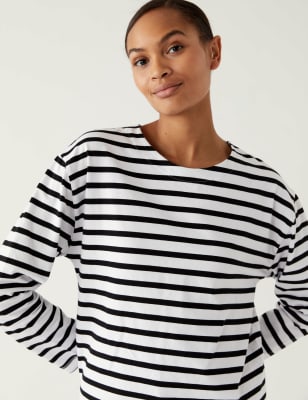 

Womens M&S Collection Pure Cotton Striped Crew Neck Top - White Mix, White Mix