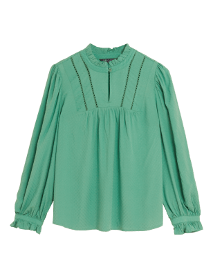 

Womens M&S Collection Round Neck Ruffle Long Sleeve Blouse - Washed Green, Washed Green