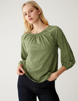 

Womens M&S Collection Pure Cotton Crew Neck Lace Insert Top - Bright Sage, Bright Sage