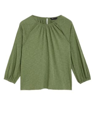 

Womens M&S Collection Pure Cotton Crew Neck Lace Insert Top - Bright Sage, Bright Sage