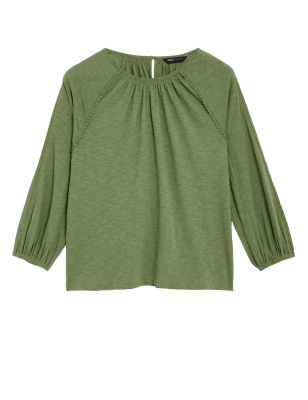 

Womens M&S Collection Oberteil aus reiner Baumwolle mit Rundhalsausschnitt und Spitzeneinsatz - Bright Sage, Bright Sage