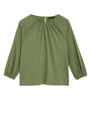 

Womens M&S Collection Pure Cotton Crew Neck Lace Insert Top - Bright Sage, Bright Sage