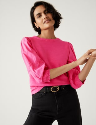 

Womens M&S Collection Pure Cotton Crew Neck Volume Sleeve Top - Bright Pink, Bright Pink