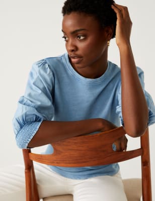 

Womens M&S Collection Pure Cotton Crew Neck Volume Sleeve Top - Grey Blue, Grey Blue