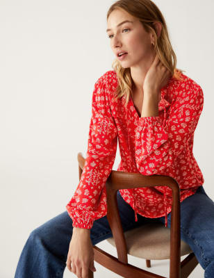 

M&S Collection Blusa cerrada de manga larga fruncida estampadaWomens - Red Mix, Red Mix