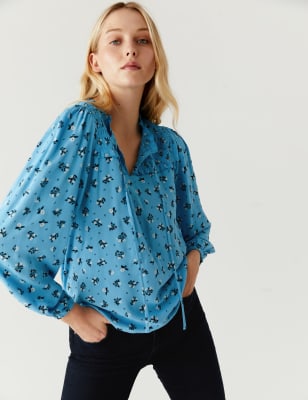 

M&S Collection Blusa cerrada de manga larga fruncida estampadaWomens - Blue Mix, Blue Mix