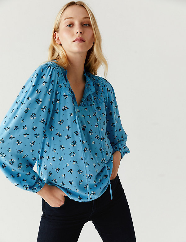 Printed Smocked Long Sleeve Popover Blouse - AU
